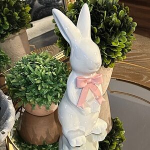 NEW! Shabby Chic White Ceramic Bunny Rabbit Coquette with Pink Bow